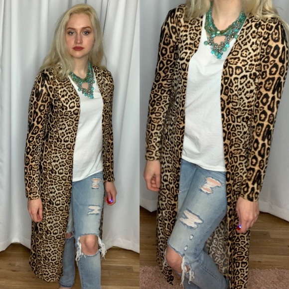 NWT Umgee Jaguar Print Open Front Long Body Cardigan with Side Slits - Picture 8 of 11